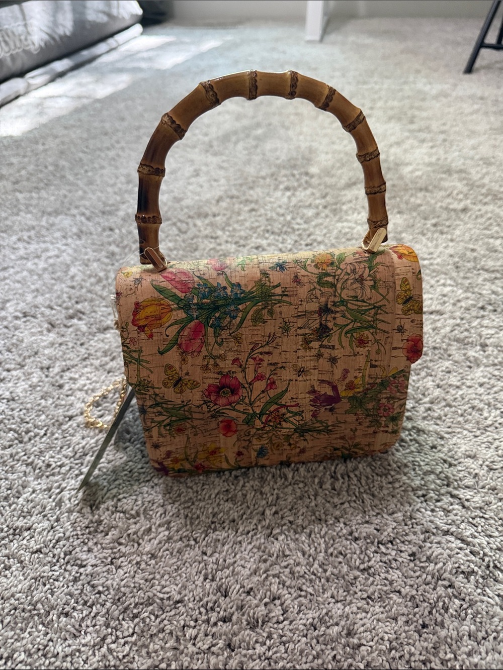 Floral Cork Top-Handle Bag with Bamboo Handle